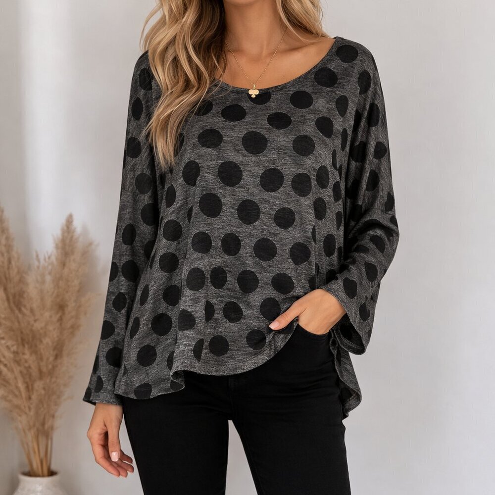 Bryn Walker Knit Top Size Medium Gray Black Polka Dots Abstract Lagenlook Artsy